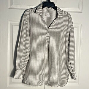 Pure Linen Shirt Women US 8 Brown White Striped Top Long Sleeve Lagenlook Blouse